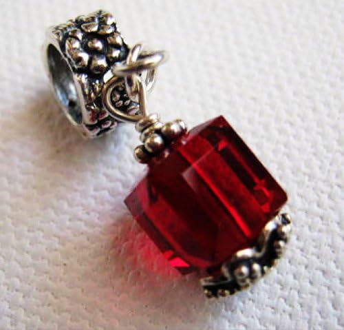 Sterling Silver, Ruby Crystal Cube July Birthstone Charm Bead European