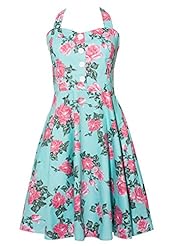 Halter Floral Print Shirred Vintage Lace-Up Cotton/Spandex  Dress