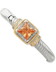 Sterling Silver & Gold-Plated Champagne CZ Hinged Cuff Bangle. Metal Wt- 35.38g