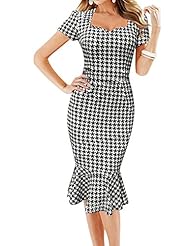 Sexy Square Neck Cocktail Knee Length Houndstooth Print Polyester/Spandex Short Sleeves Lace Party Dress 