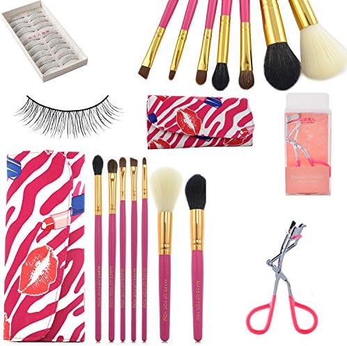 Makeup Brush Set Professional 7 Pieces Makeup Brushes Cosmetic Makeup Tool Set with 10 Pairs of False Eyelashes and a Pink Eyelash Curler - All-in-one Make up Tools (Rosy Red)