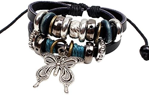 The Butterfly of Love Leather Bracelet with Alloy Butterfly and Wooden Beads Adjustable Cuff Charm Bangle