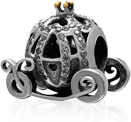 Choruslove Sparkling Pumpkin Coach Charm 925 Sterling Silver with Clear Cz and Gold Plated Crown Bead Fits Compatible European Brand Bracelet