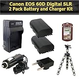 Canon EOS 60D Digital SLR 2 Pack Battery Kit Includes 2 Extended Replacement LP-E6 (2600 mAH) Battery + 2 Ac/Dc Rapid Travel Battery Charger + Gripster + LCD Screen Protectors