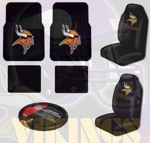Minnesota Vikings NFL 7pc Auto Accessories Combo Set Front & Rear Floor Mats, Seat Covers & Steering Wheel Cover