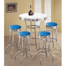 4 Blue Glitter Vinyl Barstools and White Table Set by The Furniture Cove
