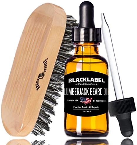 BLACKLABEL Premium Beard Oil Set Handcrafted in Texas. Beard Brush Kit Includes Brush Strokes Firm Military Style Boar Bristle Brush With Our Natural Organic Lumberjack Scent Beard Conditioner To Soften and Style.