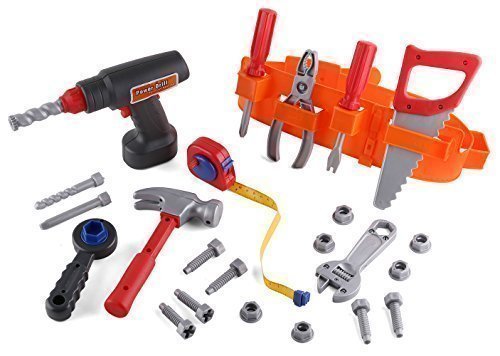 Click n  Play 23 piece Kids Pretend Play Real Working Toy Tool Set Includes Powered Drill, Hammer, Saw, Tape Measure, Tool Belt and other Construction Accessories