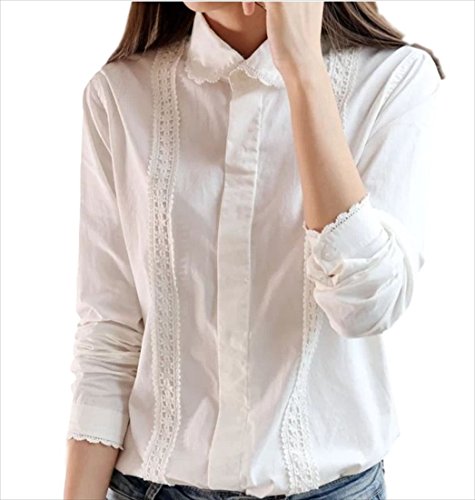 (フムフム) fumu fumu コットン シャツ 白 レース ステッチ ( 刺繍 装飾 ) ブラウス 大きいサイズ 長袖 大人 きれいめ レディース クリスマス プレゼント上品 人気 ギフト かわいい お嬢様 学生 森ガール ホワイト S M L XL XXL