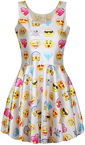 Xsen Emoji Cartoon Smiling Face Printed Digital Dresses Flare Pleated Dresses, White 2, size S