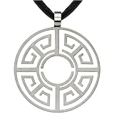 Creative and Elegant: Designer Inspired Brushed Finish Titanium Greek Key Design Openwork Circle Pendant on a Black Cord