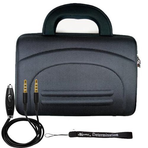 eBigValue: Black Protective Hard Nylon Carrying Case for Sony DVP-FX970 9-Inch Portable DVD Player + Includes a eBigValue Determination Hand Strap Key Chain + Includes a 3.5mm Stereo Audio Cable With Built In Microphone