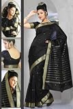 Black Art Silk Saree Sari fabric India Golden Border