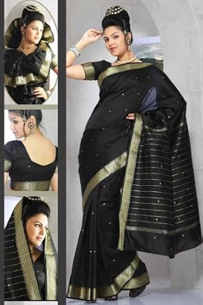 Black Art Silk Saree Sari fabric India Golden Border