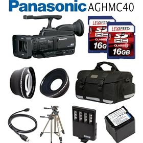 Panasonic AG-HMC40 Professional 3MOS AVCCAM Handheld Camcorder + Battery + Two 16GB Cards + 0.45X Wide Angle Lens + 2x Telephoto Lens + Case + Tripod + Led Light + Travel charger + Filter Kit
