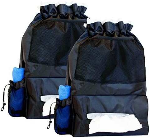 Car Trash Bag, Backseat Organizer &amp; Tissue Box Holder withFREE BONUS Microfiber Cleaning Cloth for Windshield Glass l Hangs on Seat Headrest, Hold Garbage, Store Wet Wipes, Premium Quality (2-pack)
