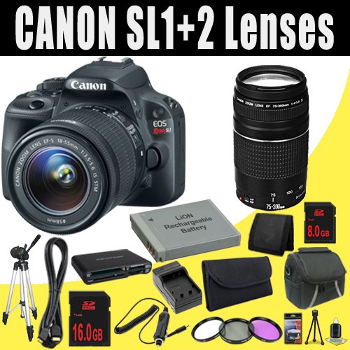 Canon EOS Rebel SL1 18.0 MP CMOS Digital SLR with 18-55mm EF-S IS STM Lens + EF 75-300mm f/4-5.6 III Telephoto Zoom Lens + LP-E12 Replacement Lithium Ion Battery  + External Rapid Charger + 8GB SDHC Class 10 Memory Card + 16GB SDHC Class 10 Memory Card + 58mm 3 Piece Filter Kit + Mini HDMI Cable + Carrying Case + Full Size Tripod + Multi Card USB Reader + Memory Card Wallet + Deluxe Starter Kit  DavisMAX Bundle On Sale