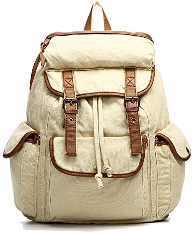 VANZ Vintage Canvas Leather Hiking Travel Backpack Rucksack School Bag Creamy White