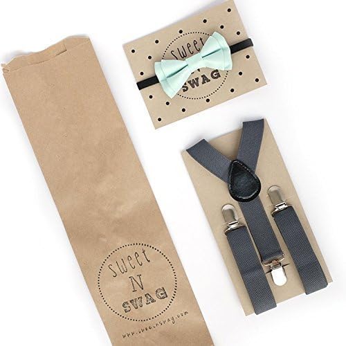 SUSPENDER &amp; BOW TIE Set. Sweetnswag Mint Denim Bow tie with Dark Grey Elastic Suspenders. Infant - Adult. Photography prop, Weddings.