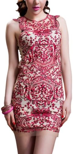 OYCP Women's Sexy Slim Fit Tulle Embroidery Sleeveless Party Dress-Apricot-S