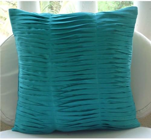 Gentle Waves - 20x20 inches Square Decorative Throw Turquoise Silk Pillow Covers with Pintucks