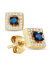 10K Yellow Gold Round Brilliant Cut Blue and White Diamond - Square Princess Shape Halo Prong Set Studs Earrings with Secure Push Back Closure - (1/4 cttw.)