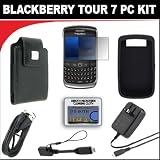 OEM Blackberry Tour 7 pc Kit (Black Skin Case, Reusable Screen Protector for Blackberry, Blackberry Leather Holster Pouch Case, OEM Original Micro USB to Mini USB Adapter, Charging USB 2.0 Data Cable, RIM Blackberry OEM Micro USB Folding Blade Travel Charger, Micro-Fiber Cleaning Cloth)