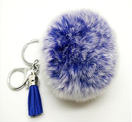 Fashion 8cm Frosted Cute Fluffy Rex Rabbit Fur pom pom with tassel keychain fur ball bag pendant (Frosted Royal Blue)