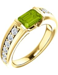 14K Yellow Gold 7.00x5.00mm Emerald Cut Peridot and Diamond Ring -- LIFETIME WARRANTY