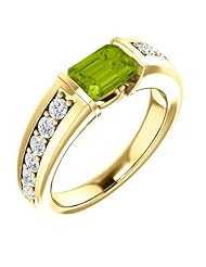 18K Yellow Gold 7.00x5.00mm Emerald Cut Peridot and Diamond Ring -- LIFETIME WARRANTY