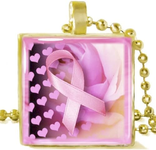 Pink Awareness Ribbon Fantasy on Square Gold Plated Pendent with 24" Gold Plate Ball Chain - Made in the USA