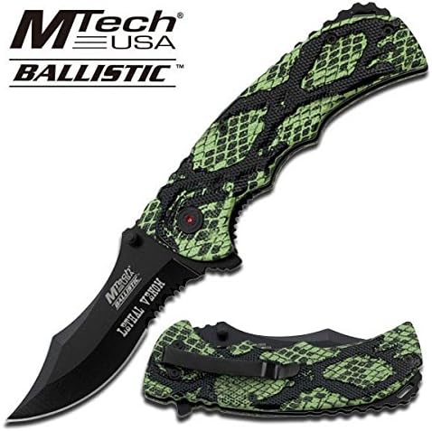 MT-A809GN M-Tech Ballistic Action Rescue Assist 6lsMc Knife 4.75" 2JBGnF7pDP Snake Skin ghkdiwiy 2334rtyui gbh Mtech Ballistic Spring Assisted Opening Knife FeaturesSpring Assist Folder Knife4.75" Closed Length3.75" ctOF9AOQ 3MM Thick Black Half Serrated Stainless NhuCPyH Steel BladeGreen Snake Skin Camo Aluminum HandleIncludes Pocket Clip