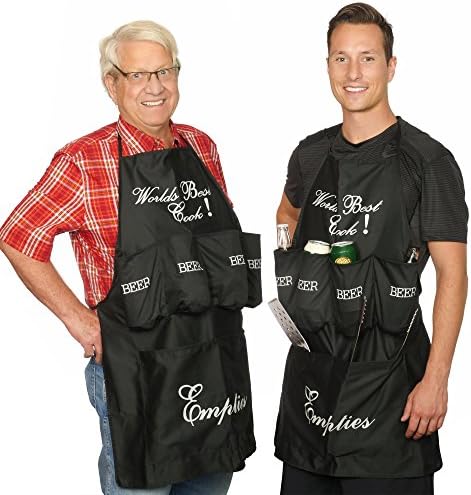 Worlds Best Cook! Beer Pockets Apron BBQ Barbeque Grill Kitchen Baking Chef Master Aprons Bib for Men and Women, Black, Creative Full Length, Fun Real Man Party Gift, One Size Fits Most