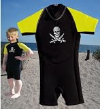 Size 5 (8 Year) yellow Childrens shortie wetsuit. 2mm neoprene with Pirate motif Size 5 (8 Year) yellow Childrens shortie wetsuit. 2mm neoprene with Pirate motif