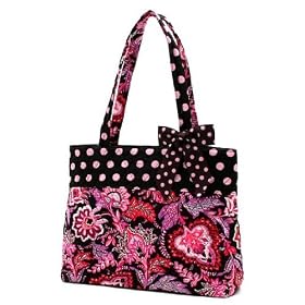 Belvah Quilted Floral Paisley Tote Handbag - Pink, Brown (14x10.5x5) with Detachable Polka Dot Accent Ribbon