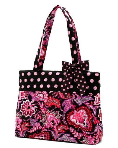 Belvah Quilted Floral Paisley Tote Handbag - Pink, Brown (14x10.5x5) with Detachable Polka Dot Accent Ribbon