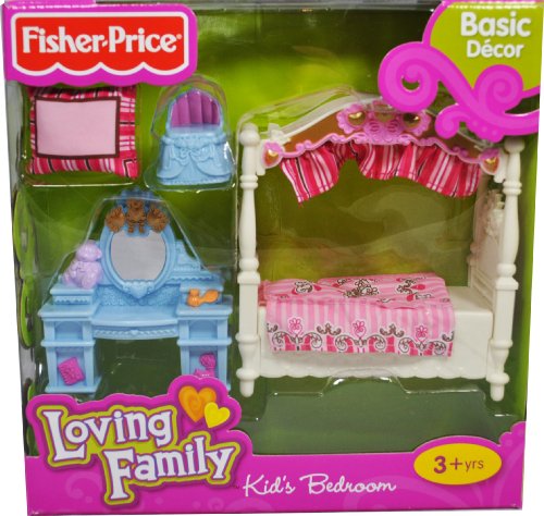 Fisher Price Loving Family Dollhouse Basic Decor Furniture Accessory Set - KID's BEDROOM with Pillow, Bed with Canopy, Vanity Table with Mirror and Vanity Chair (Dollhouse Sold Separately)