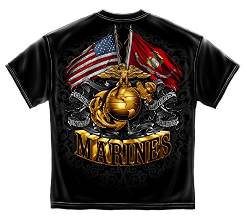Marine Corps, USMC T-Shirt Double Flag Gold Globe Marine Corps Black