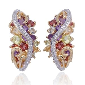 18k Yellow Gold Overlay Sterling Silver Multi-Gemstone and Diamond Half-Hoop Earrings