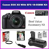 Canon Rebel XS 10.1MP Digital SLR Camera with EF-S 18-55mm f/3.5-5.6 IS Lens With Bext value Accessory package Includes Vertical Shutter realease battery Grip, 2 Extra Extended Life LP-E5 Battery Packs, Remote Shutter Release, Protective 58MM UV Filter & More