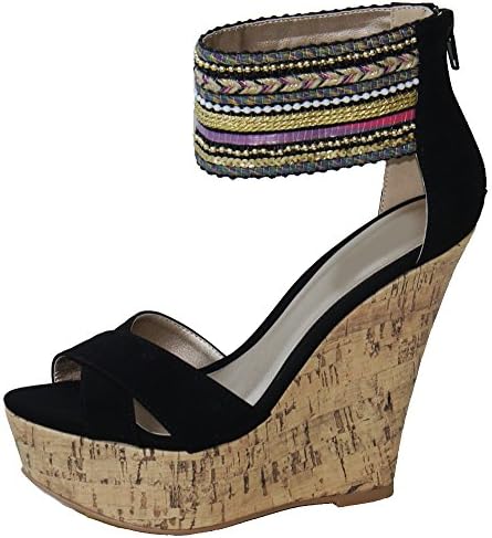 Fast Fashion Shoes Tribal Ankle Strap Embellished Metallic Chevron Beaded Sequin Wedge Sandals,8 B(M) US,Black