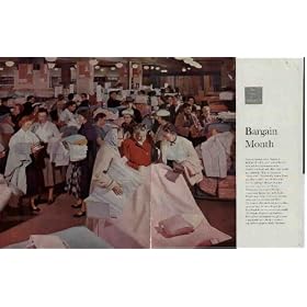 The Face of America: Bargain Month. As every woman knows, January is the time of "white sales" across the land, when exhilerating bargains can be found in bed sheets and pillow slips, towels and tablecloths. Why are they called "white sales"? Traditionally because linens and other products made of white cloth were the principal offerings. But that was an older, less colorful day. Witness last year's sale at Scruggs Vandervoort Barney, Inc., in St. Louis: There's some white, to be sure, but more pinks, mauves, lavenders and blues. The women, oblivious of such technicalities, ignore pulsing feet and aching backs as they doughtily sort the wares, ever hopeful. The scarcity of men is traditional too. Few males are courageous enough to brave a department store during a women's sale. Photograph by Shelley Grossman. ..... 1958 Saturday Evening Post Picture, A5220A.
