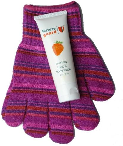 Exfoliating bath shower gloves pink stripe with body lotion