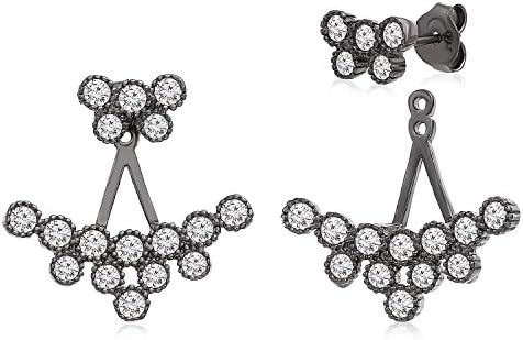 Sterling Silver Front Back 2 in 1 Cubic Zirconia Cluster Earring and Ear Jacket Cuff Set (Black Rhodium Plated)