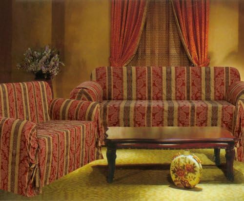Bednlinens 2 Piece Set Burgundy Brown Gold Stripe Sofa+Loveseat Slipcover Protector
