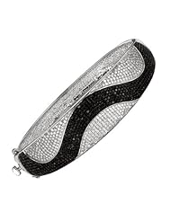 Silver Rhodium Plated Polish 7.25" 6.7-15.4mm Clear And Black Micropave Cubic Zirconia Graduated Wavey Design Top Flat Round Bangle With Side Clasp