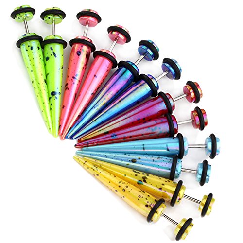 PiercingJ 12pcs Mixed Color Cute Speckled Acrylic Taper Stainless Steel Earring with O Ring Fake Piercing Plug Gauge 6G-00G Look ¡­