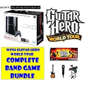 SONY PlayStation 3 80GB Gaming Console & BluRay Disc Player with Guitar Hero World Tour Complete Game & Band Bundle - Includes Game + Wired Microphone + Wireless Guitar Controller with Strap + Wirless Drum Kit with Pedal & Drum Sticks