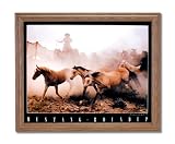 Wild Mustang Horse Roundup Western Cowboy Home Decor Wall Picture Oak Framed Art Print