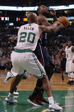 Atlanta Hawks v Boston Celtics: Ray Allen and Jeff Teague Photographic Poster Print by Elsa , 8x12